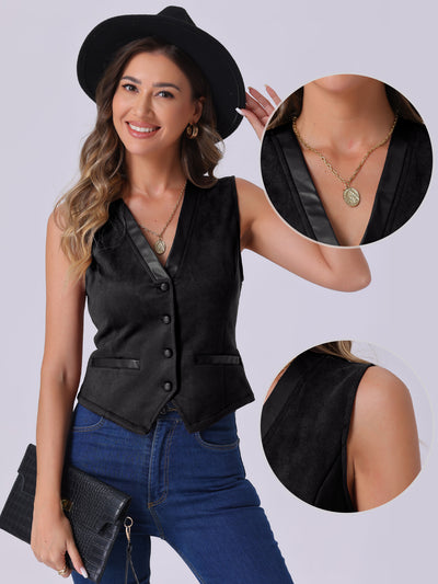 V Neck Faux Suede Button Down Vintage Sleeveless Casual Vest