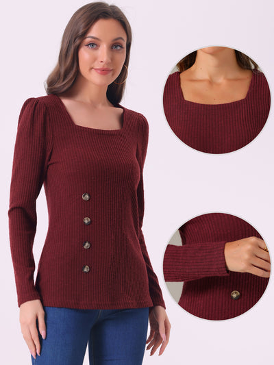 Long Sleeve Button Decor Square Neck Sweater Knit Top