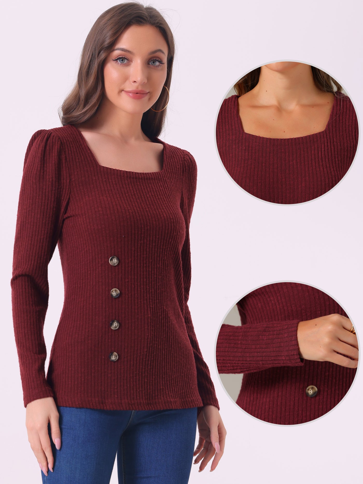 Allegra K Long Sleeve Button Decor Square Neck Sweater Knit Top