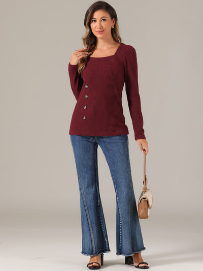 Long Sleeve Button Decor Square Neck Sweater Knit Top