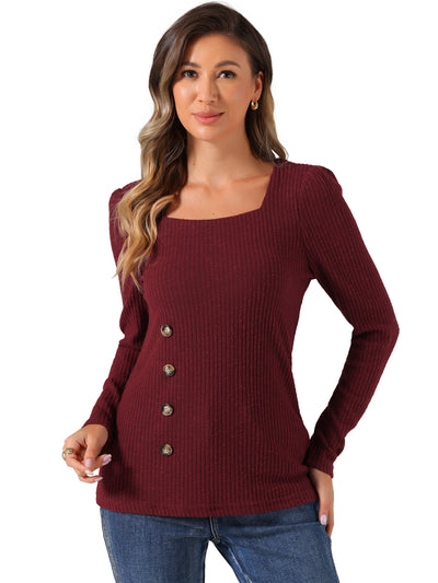 Long Sleeve Button Decor Square Neck Sweater Knit Top