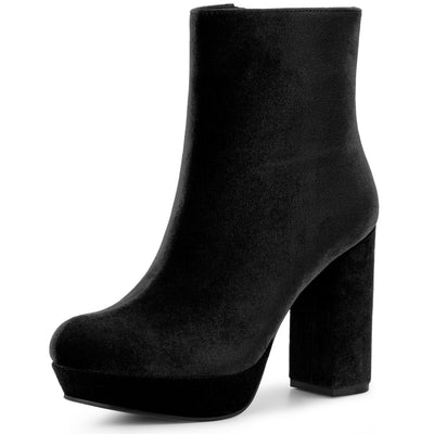 Women's Round Toe Faux Velvet Block Heels Ankle Boots