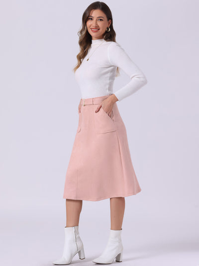 Casual Faux Suede Pockets Stretch A-line Midi Skirt with Belt