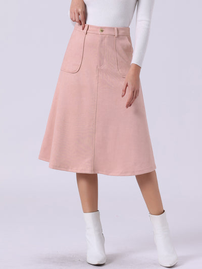 Casual Faux Suede Pockets Stretch A-line Midi Skirt with Belt