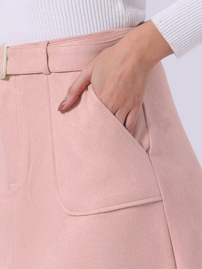 Casual Faux Suede Pockets Stretch A-line Midi Skirt with Belt