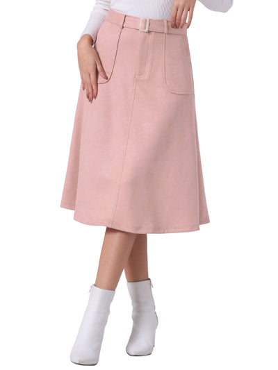 Casual Faux Suede Pockets Stretch A-line Midi Skirt with Belt