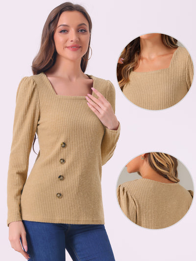 Long Sleeve Button Decor Square Neck Sweater Knit Top