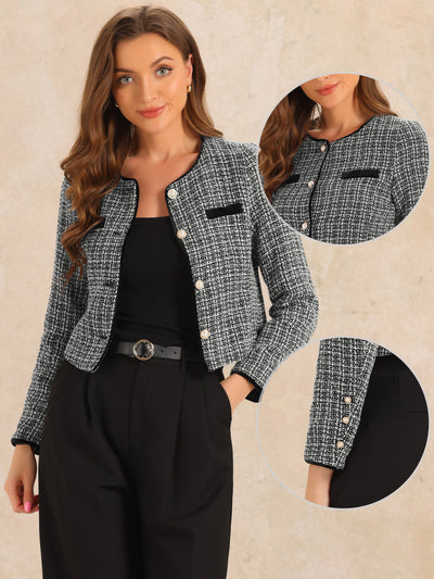 Tweed Plaid Round Neck Faux Pearl Button Long Sleeve Cropped Jacket