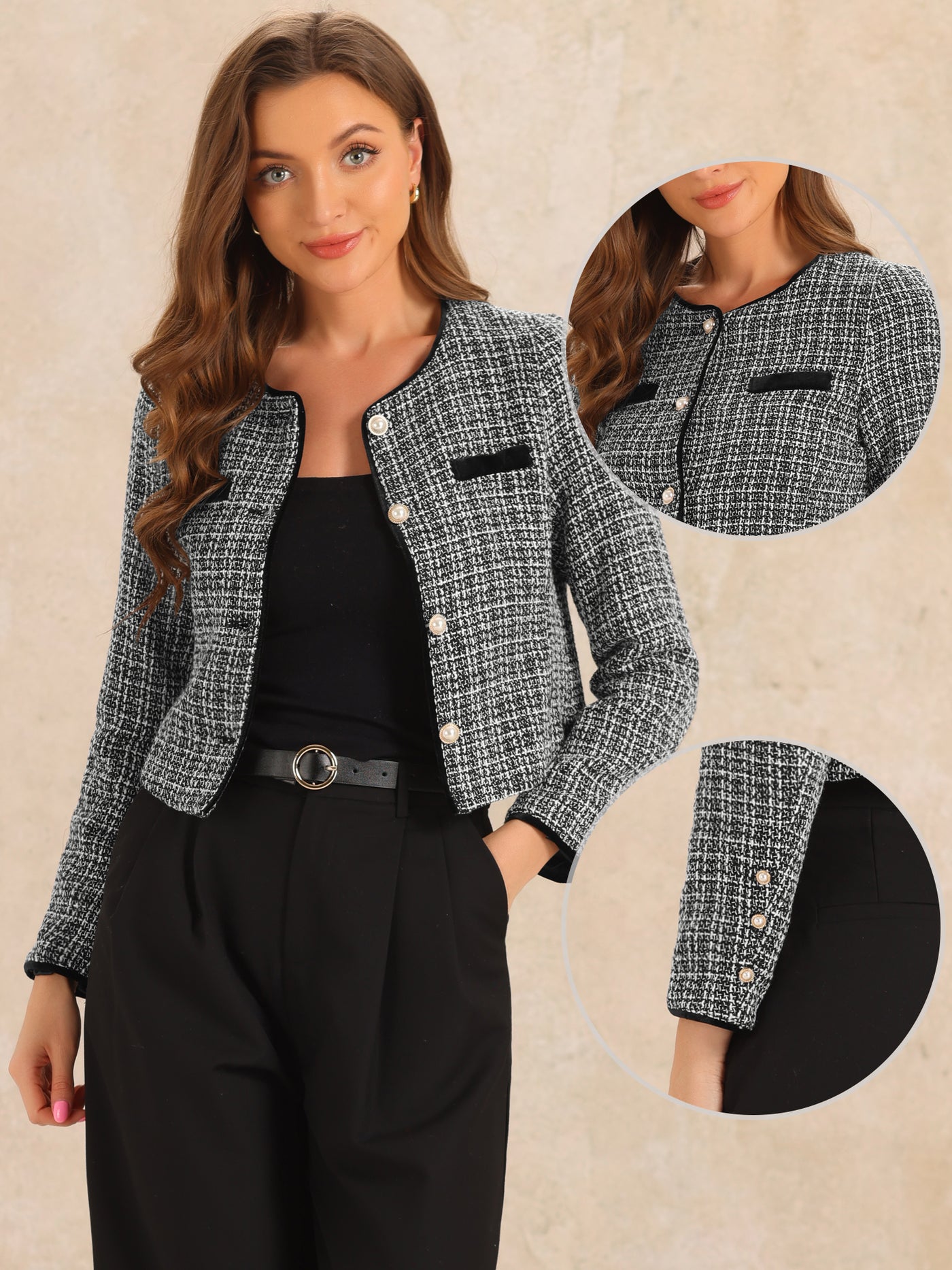 Allegra K Tweed Plaid Round Neck Faux Pearl Button Long Sleeve Cropped Jacket