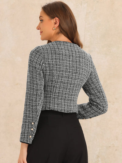 Tweed Plaid Round Neck Faux Pearl Button Long Sleeve Cropped Jacket