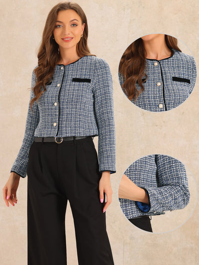 Tweed Plaid Round Neck Faux Pearl Button Long Sleeve Cropped Jacket