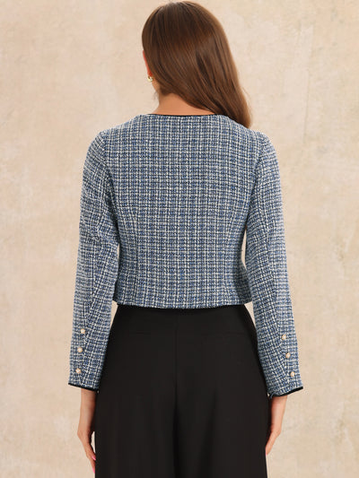 Tweed Plaid Round Neck Faux Pearl Button Long Sleeve Cropped Jacket