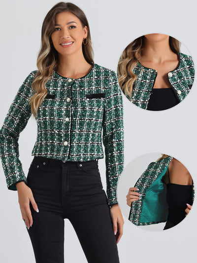 Tweed Plaid Round Neck Faux Pearl Button Long Sleeve Cropped Jacket