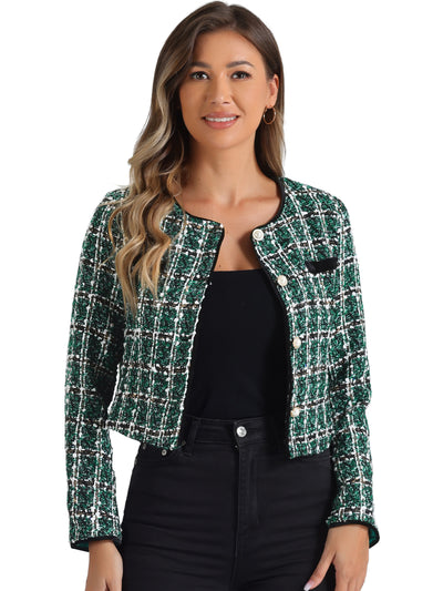 Tweed Plaid Round Neck Faux Pearl Button Long Sleeve Cropped Jacket