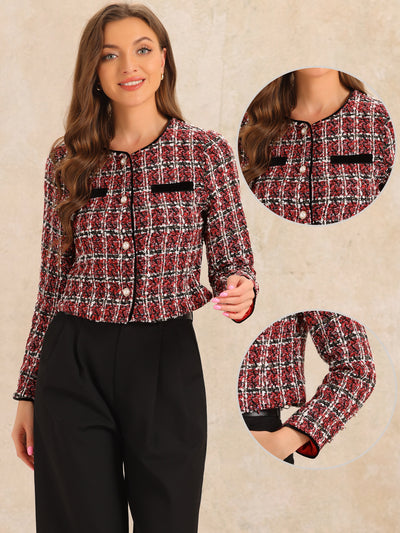 Tweed Plaid Round Neck Faux Pearl Button Long Sleeve Cropped Jacket