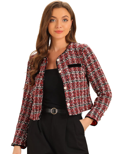 Tweed Plaid Round Neck Faux Pearl Button Long Sleeve Cropped Jacket