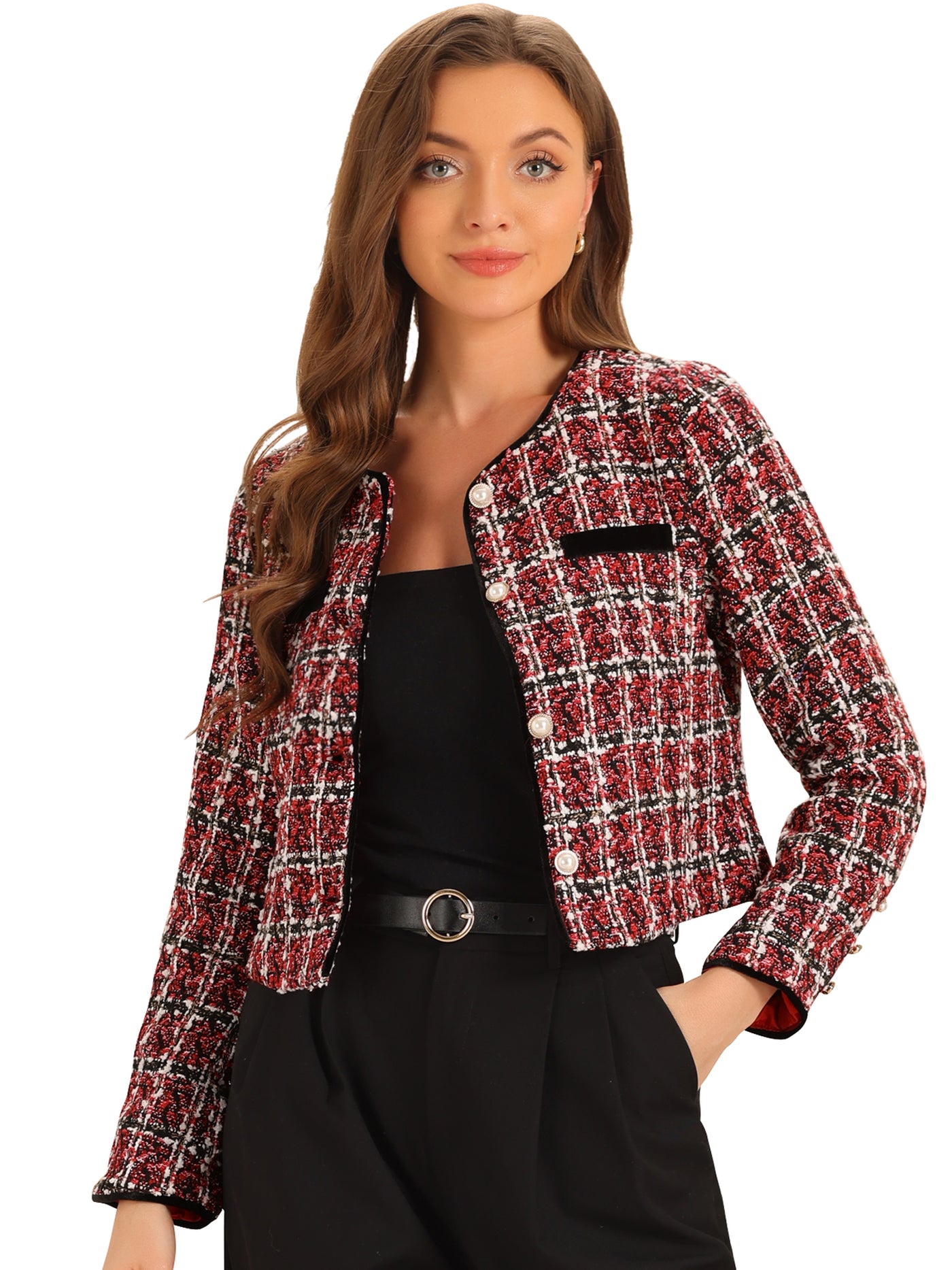 Allegra K Tweed Plaid Round Neck Faux Pearl Button Long Sleeve Cropped Jacket