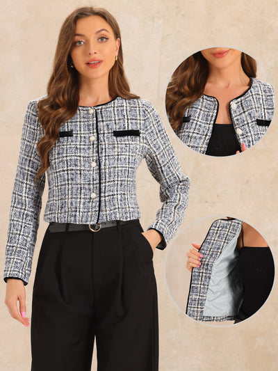 Tweed Plaid Round Neck Faux Pearl Button Long Sleeve Cropped Jacket