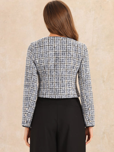 Tweed Plaid Round Neck Faux Pearl Button Long Sleeve Cropped Jacket