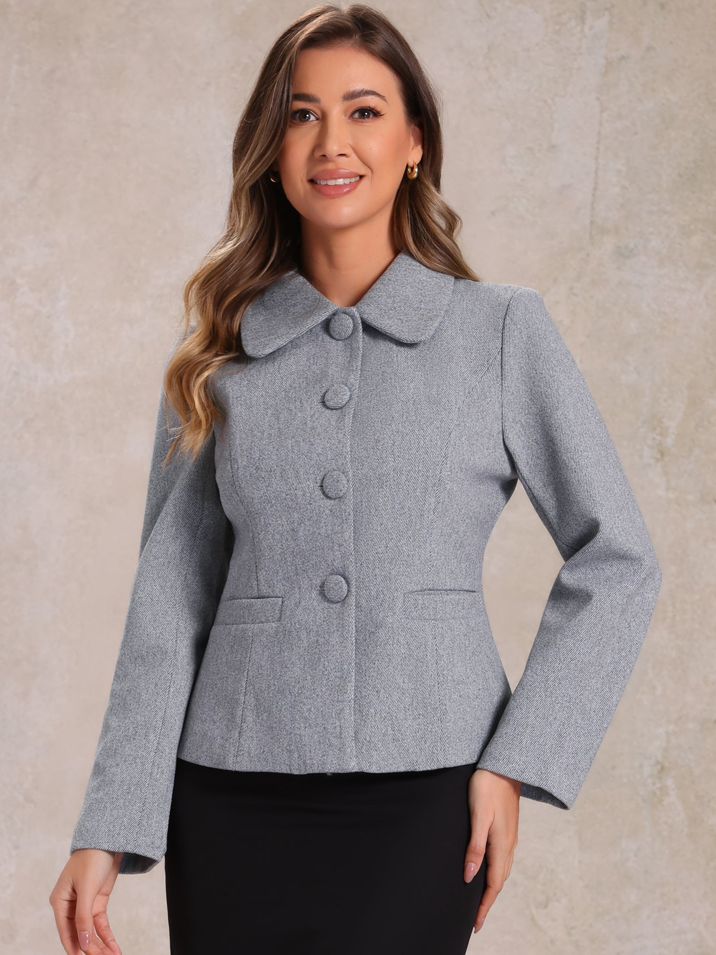 Allegra K Collar Single Breasted Button Down Cropped Pea Coat