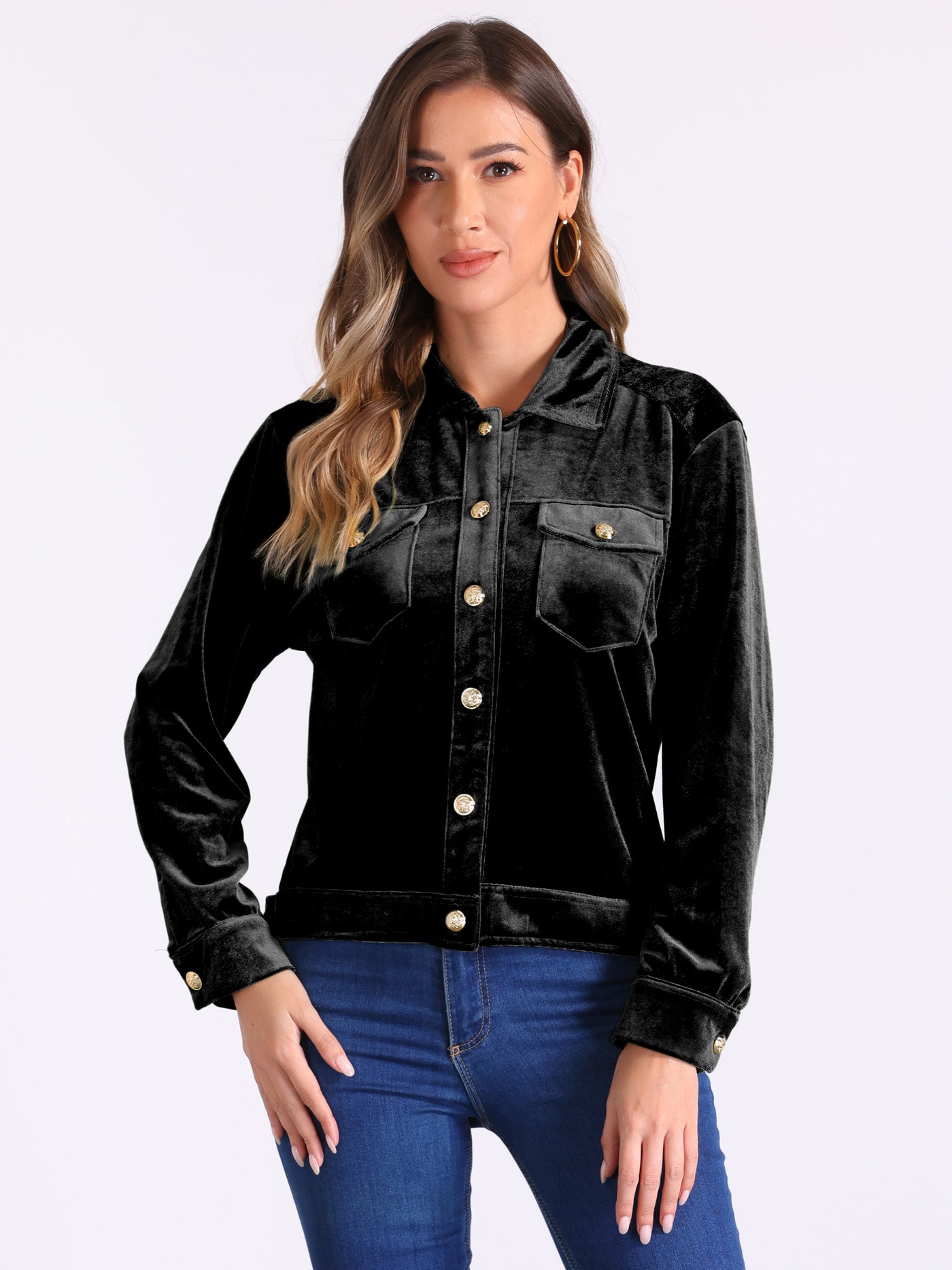 Allegra K Velvet Button Up Long Sleeve Cropped Jacket