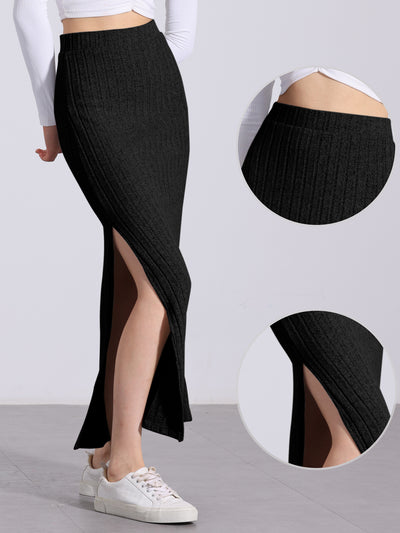 Knitted Textured Solid Color Slit Maxi Pencil Skirt