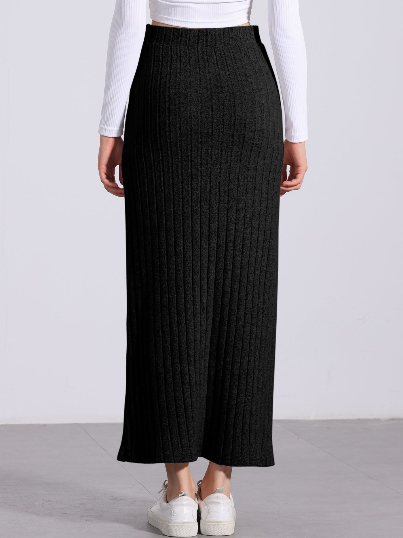 Allegra K Knitted Textured Solid Color Slit Maxi Pencil Skirt