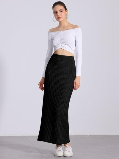 Knitted Textured Solid Color Slit Maxi Pencil Skirt