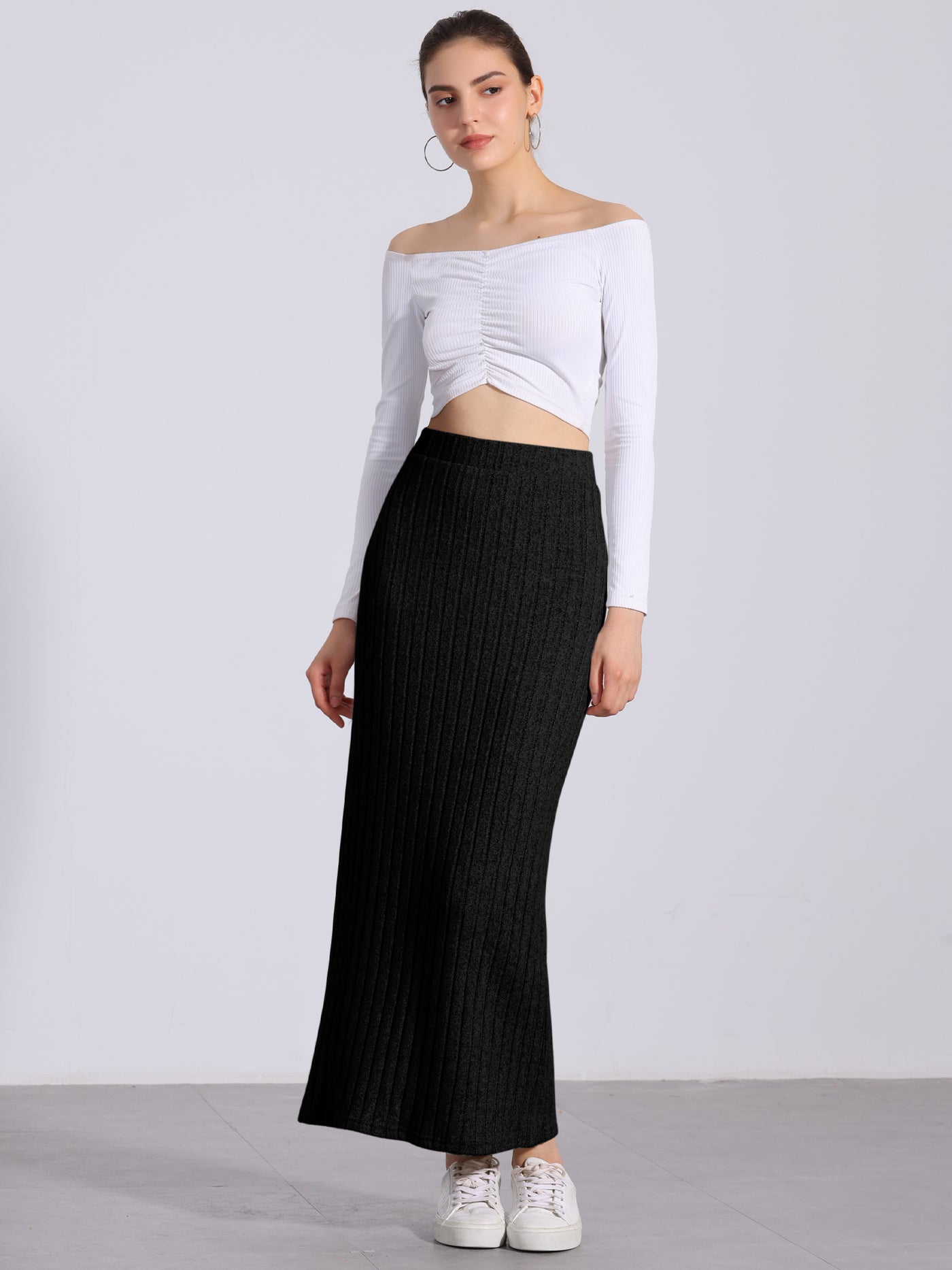 Allegra K Knitted Textured Solid Color Slit Maxi Pencil Skirt