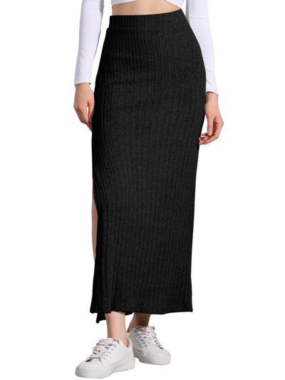 Knitted Textured Solid Color Slit Maxi Pencil Skirt