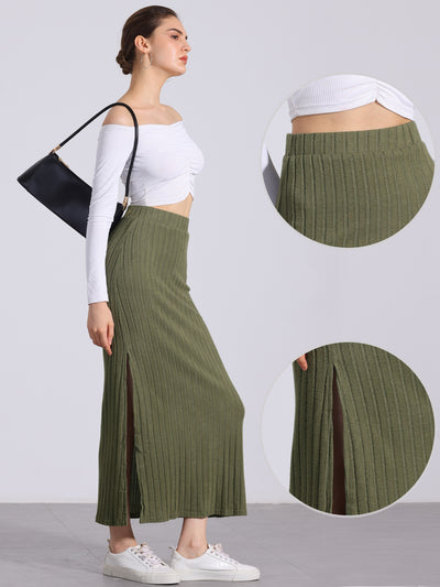 Knitted Textured Solid Color Slit Maxi Pencil Skirt