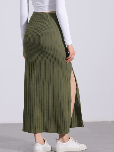 Knitted Textured Solid Color Slit Maxi Pencil Skirt