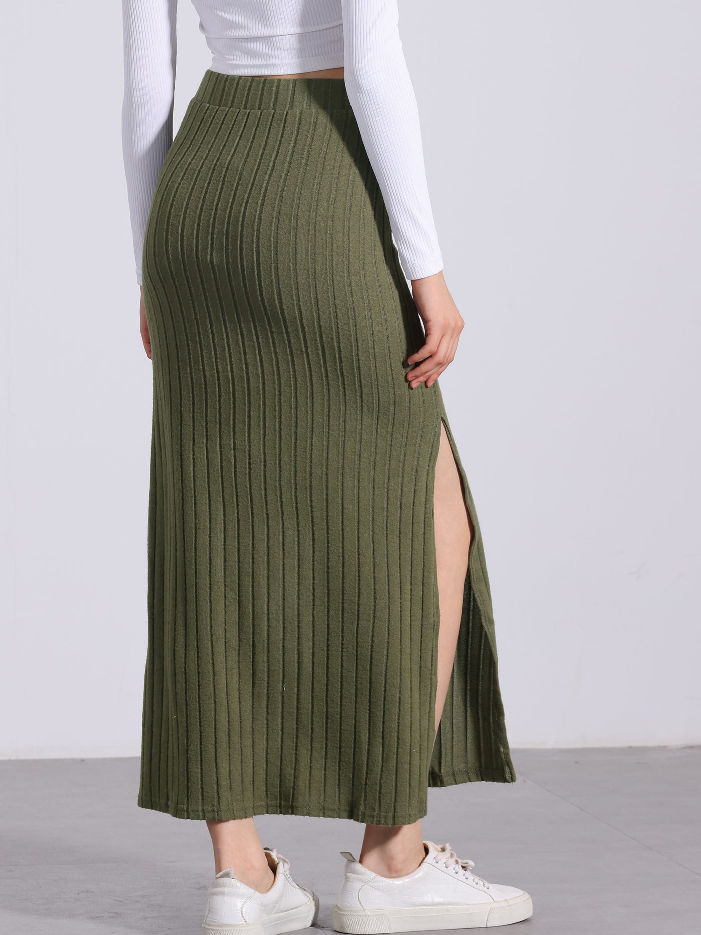 Allegra K Knitted Textured Solid Color Slit Maxi Pencil Skirt