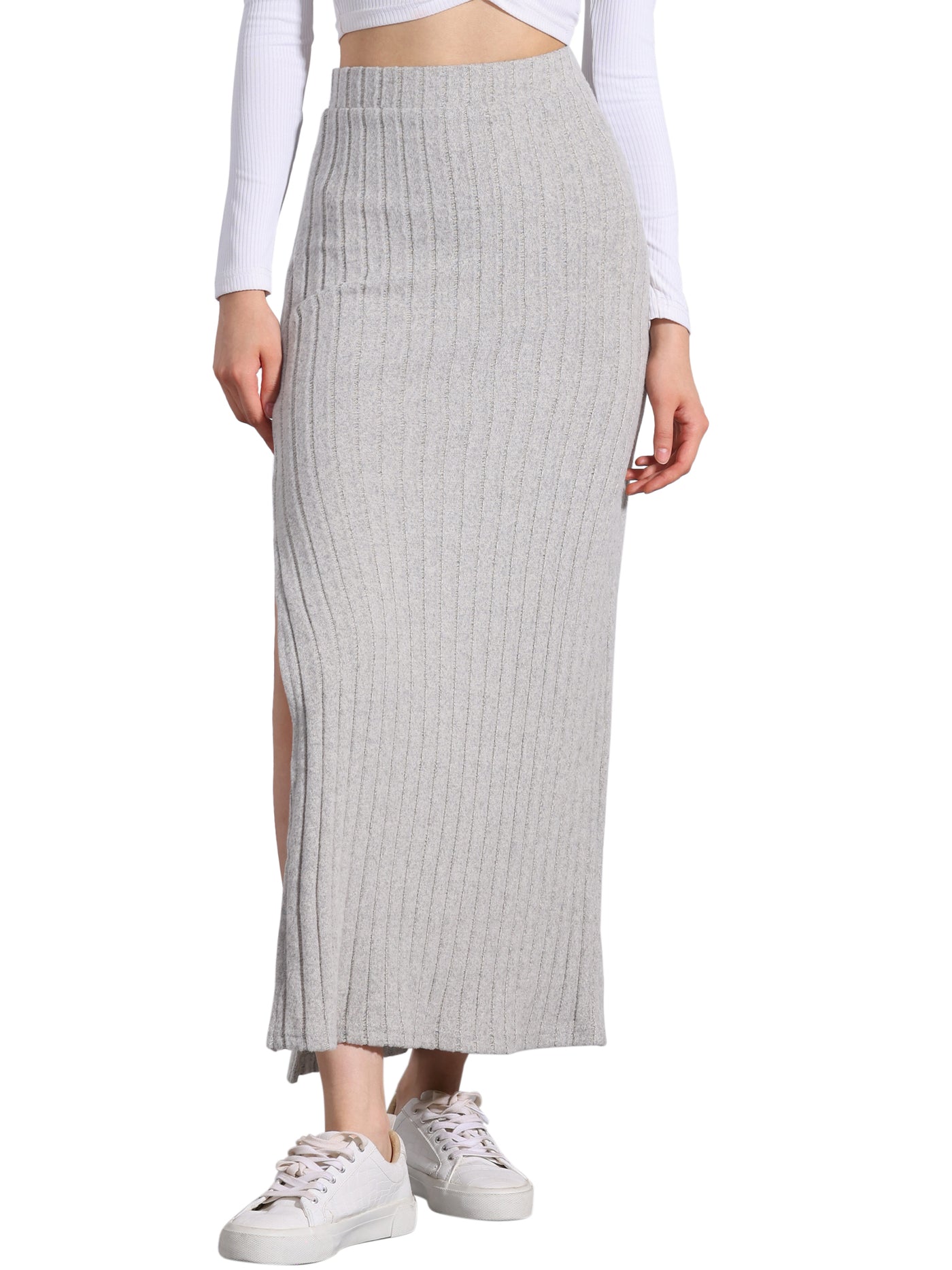 Allegra K Knitted Textured Solid Color Slit Maxi Pencil Skirt