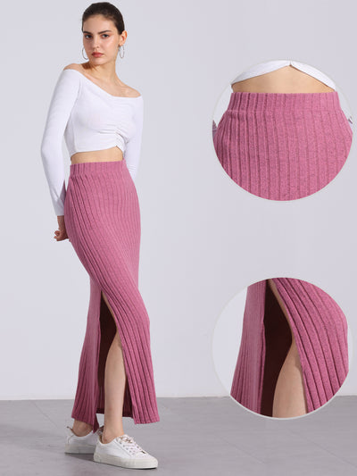 Knitted Textured Solid Color Slit Maxi Pencil Skirt