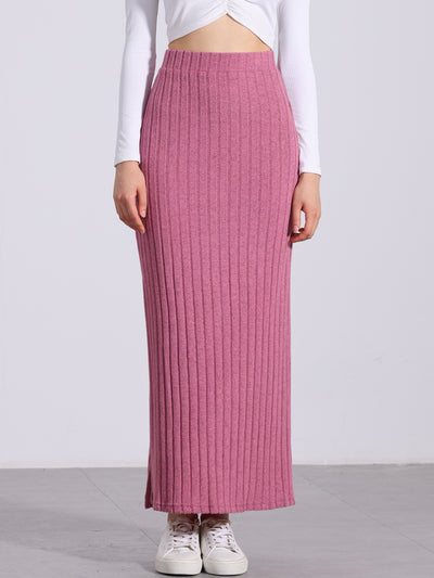 Knitted Textured Solid Color Slit Maxi Pencil Skirt