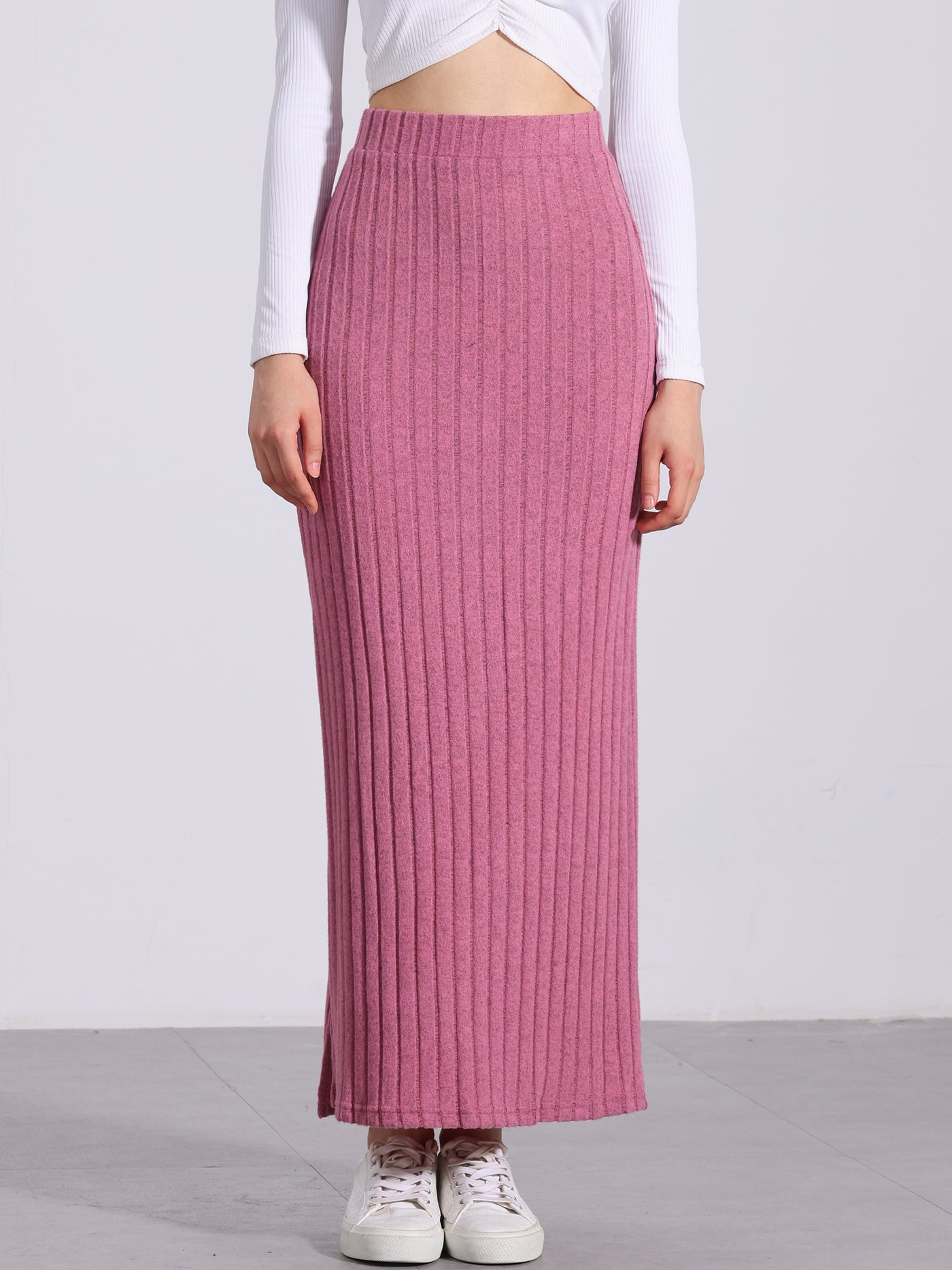 Allegra K Knitted Textured Solid Color Slit Maxi Pencil Skirt