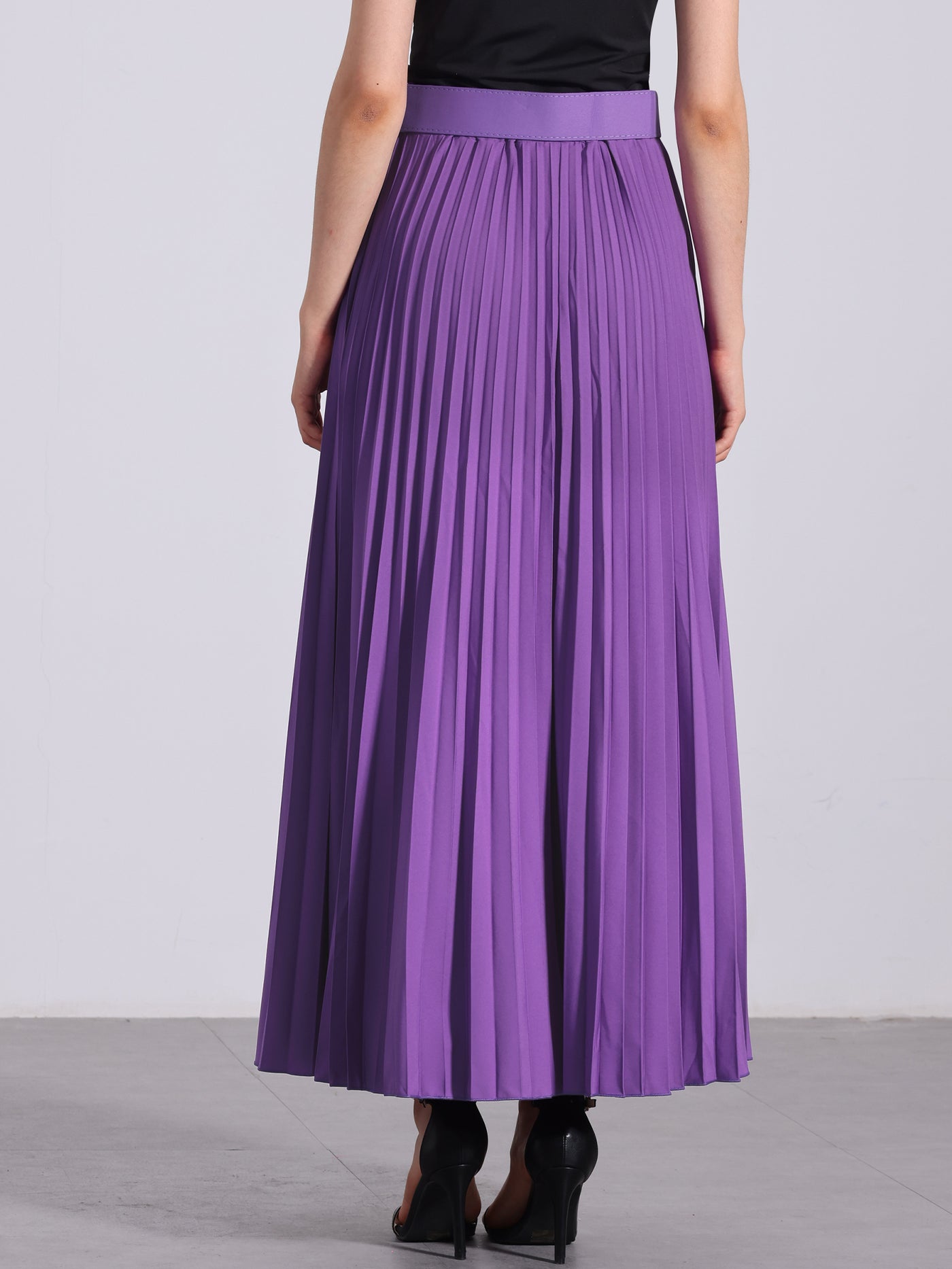 Allegra K Flowy Pleated Elastic High Waist Belted Swing A-line Maxi Skirt