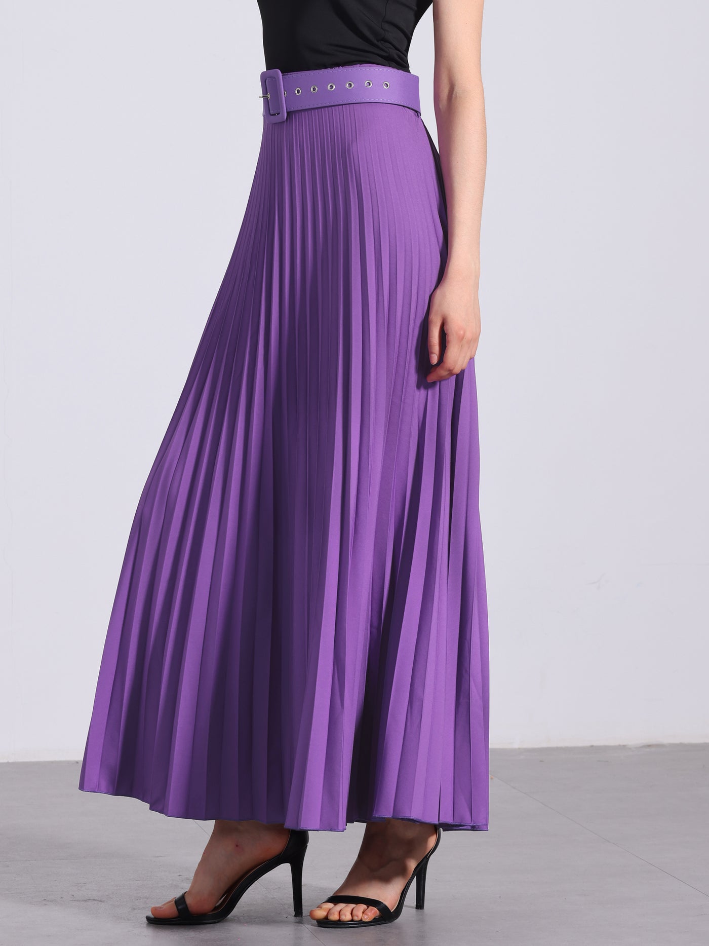 Allegra K Flowy Pleated Elastic High Waist Belted Swing A-line Maxi Skirt