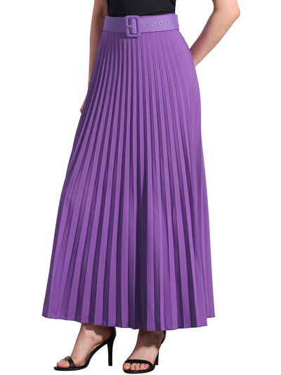 Flowy Pleated Elastic High Waist Belted Swing A-line Maxi Skirt