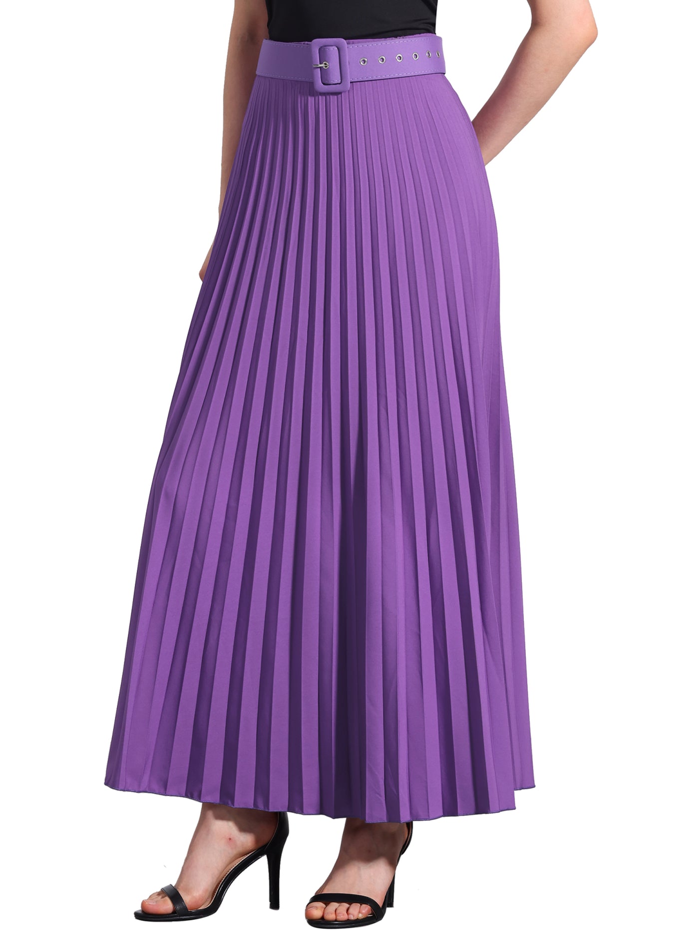 Allegra K Flowy Pleated Elastic High Waist Belted Swing A-line Maxi Skirt