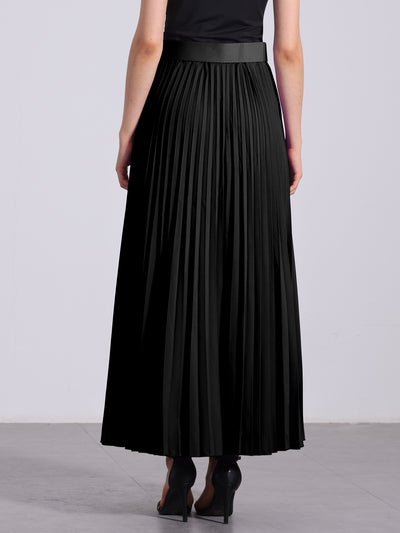 Flowy Pleated Elastic High Waist Belted Swing A-line Maxi Skirt