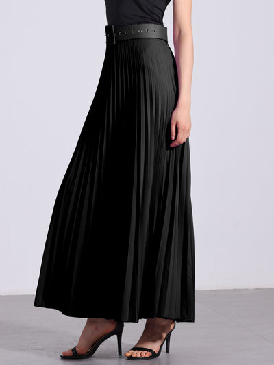 Flowy Pleated Elastic High Waist Belted Swing A-line Maxi Skirt