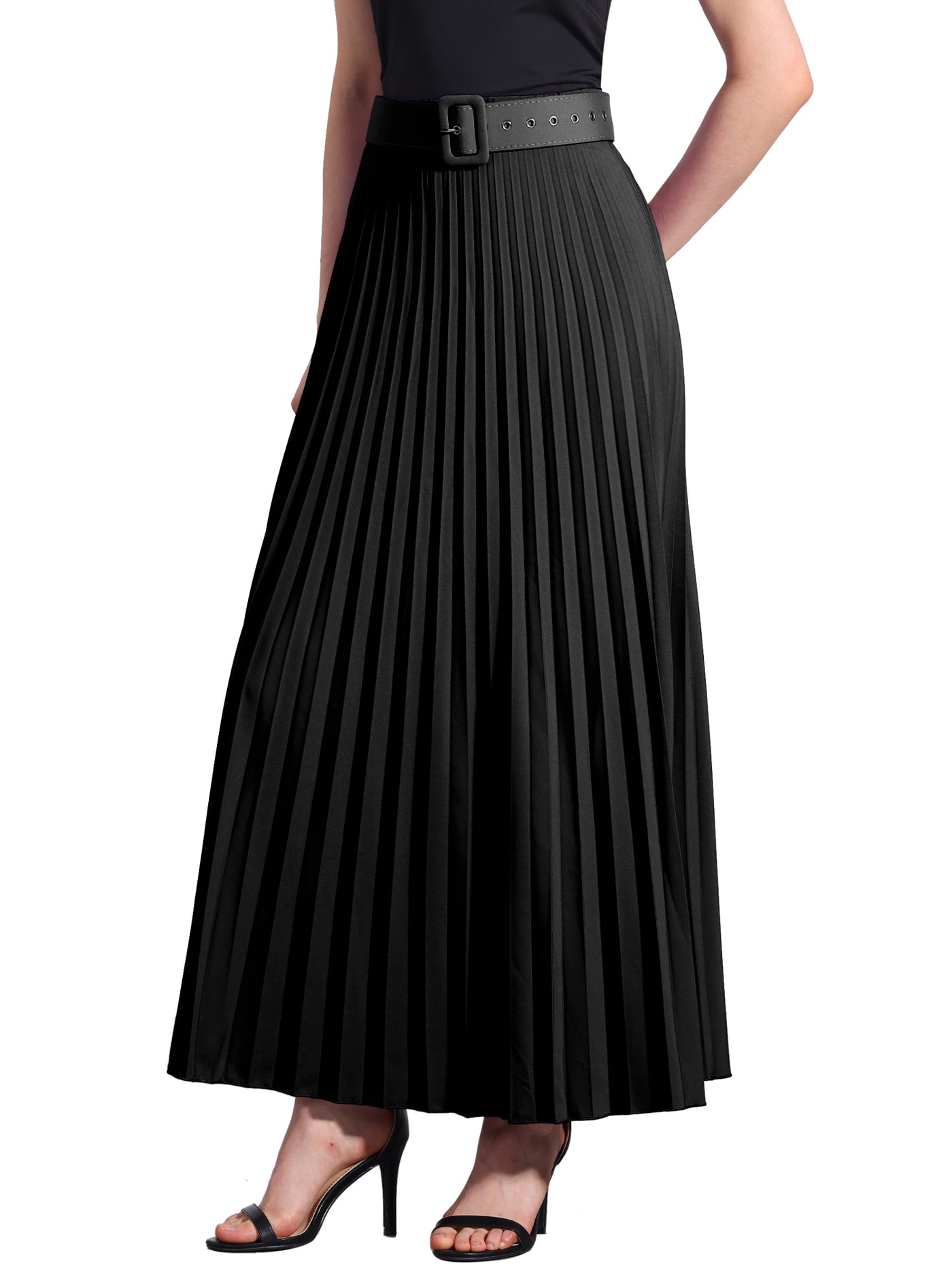 Allegra K Flowy Pleated Elastic High Waist Belted Swing A-line Maxi Skirt