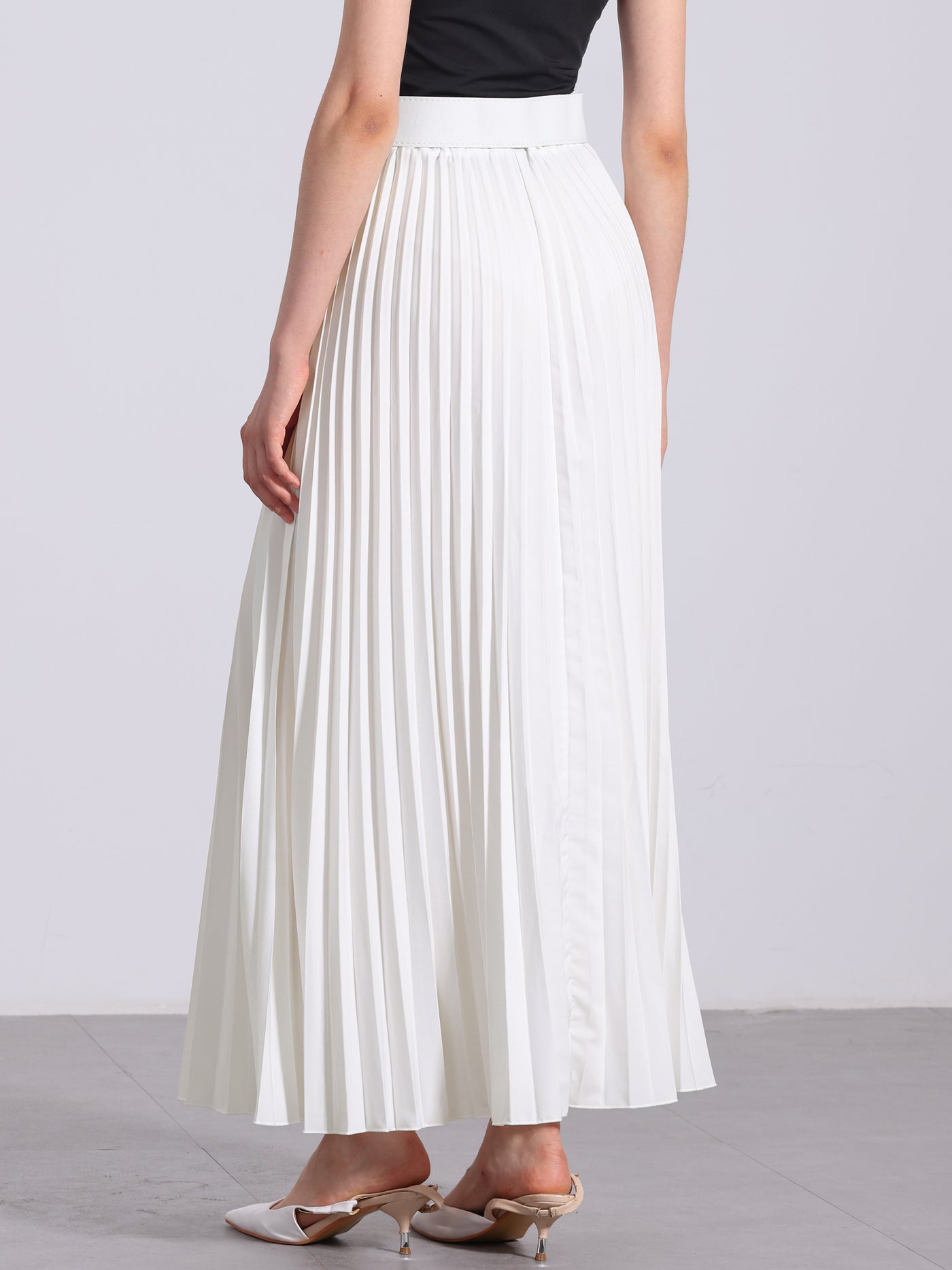 Allegra K Flowy Pleated Elastic High Waist Belted Swing A-line Maxi Skirt