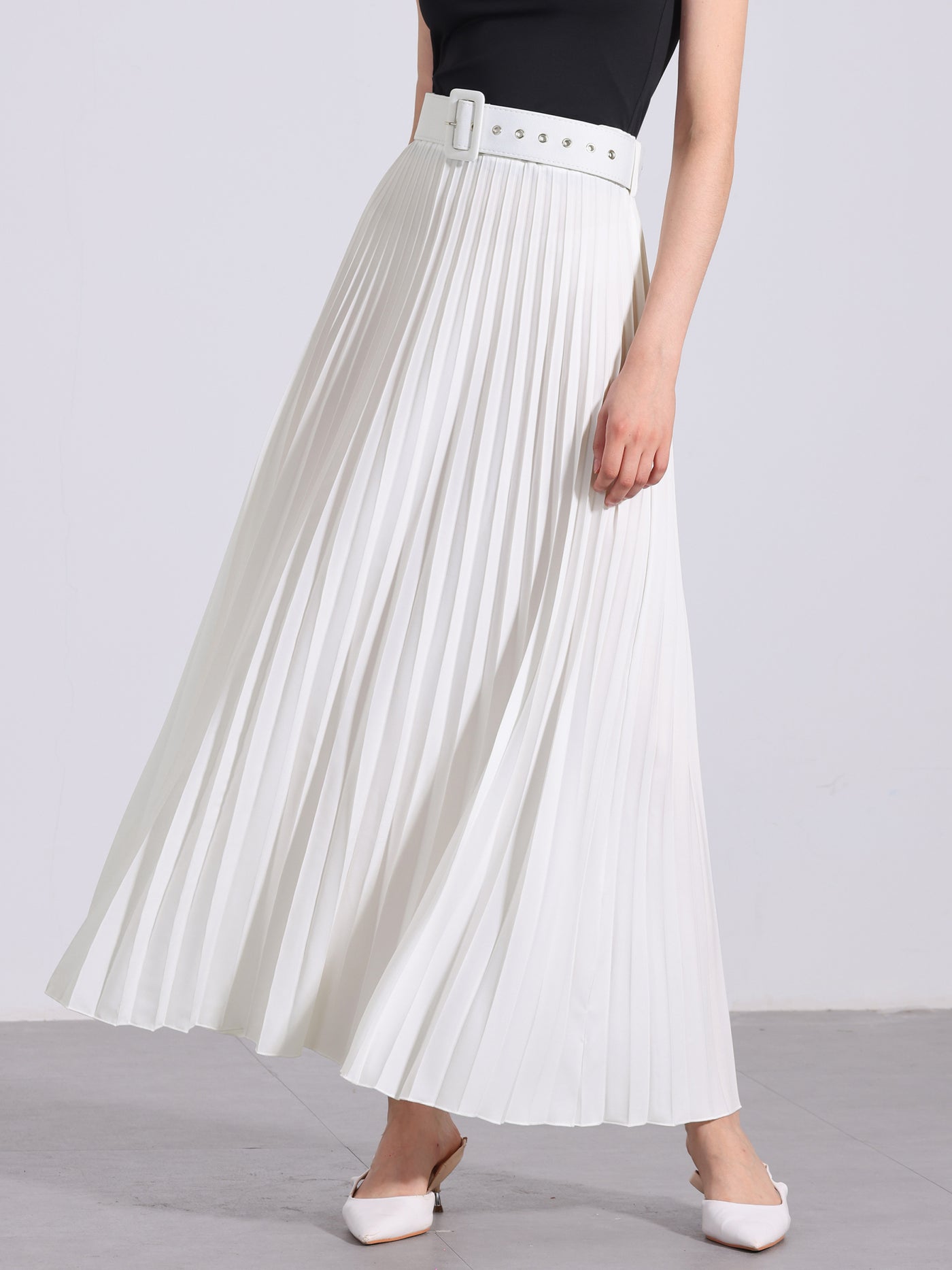 Allegra K Flowy Pleated Elastic High Waist Belted Swing A-line Maxi Skirt