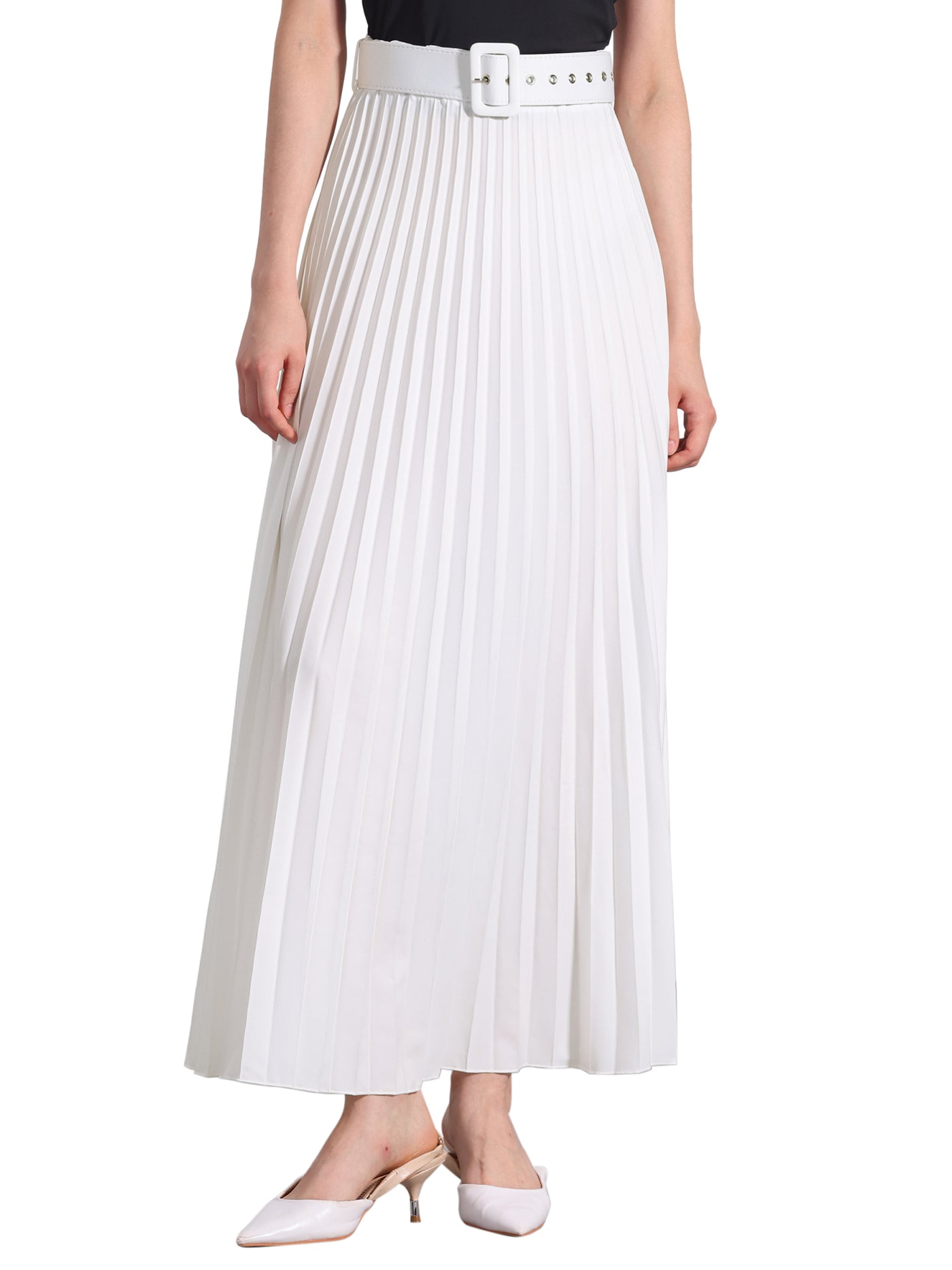 Allegra K Flowy Pleated Elastic High Waist Belted Swing A-line Maxi Skirt