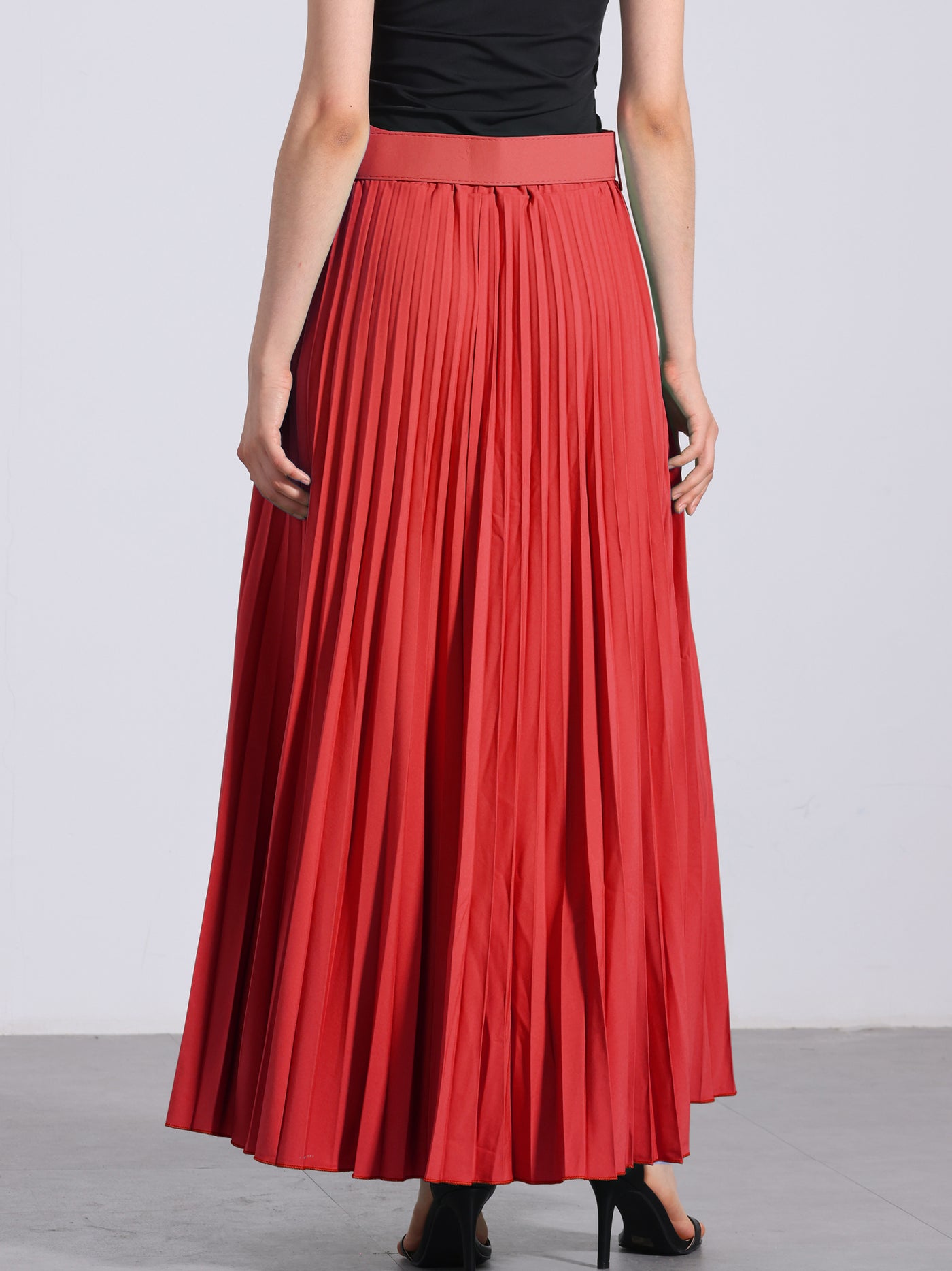 Allegra K Flowy Pleated Elastic High Waist Belted Swing A-line Maxi Skirt