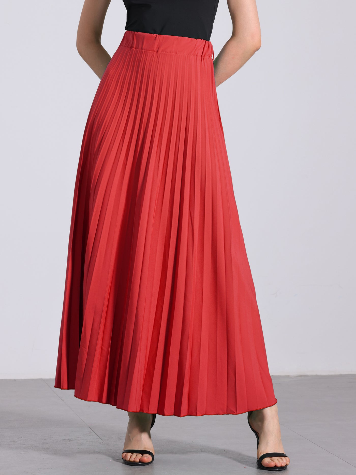 Allegra K Flowy Pleated Elastic High Waist Belted Swing A-line Maxi Skirt