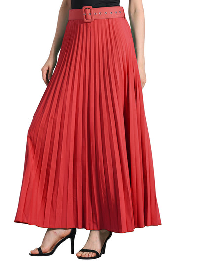 Flowy Pleated Elastic High Waist Belted Swing A-line Maxi Skirt